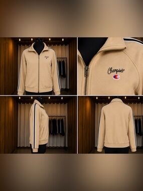 Champion Tan Track Jacket with Contrast Sleeve Stripe
